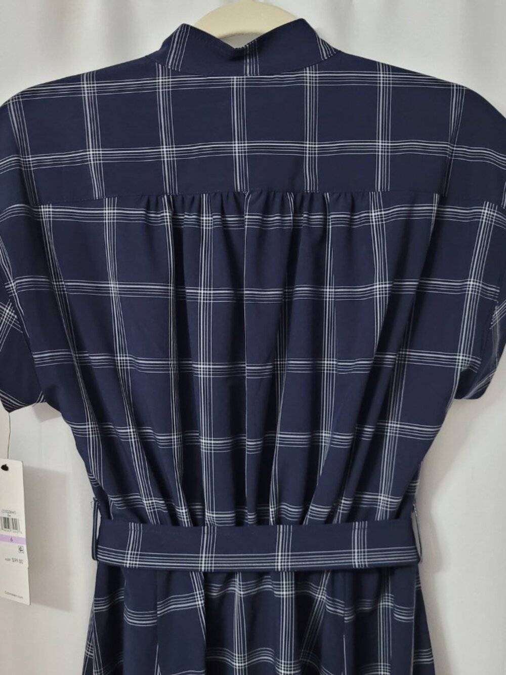NWT Calvin Klein Navy Windowpane Plaid Belted Midi Shirt Dress - Picture 9 of 13